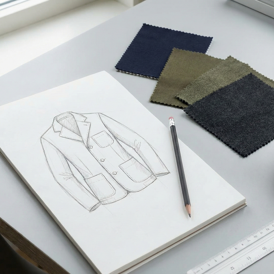 Original Uniform Planning & Development. Design sketch of a jacket and fabric swatches in multiple colors.