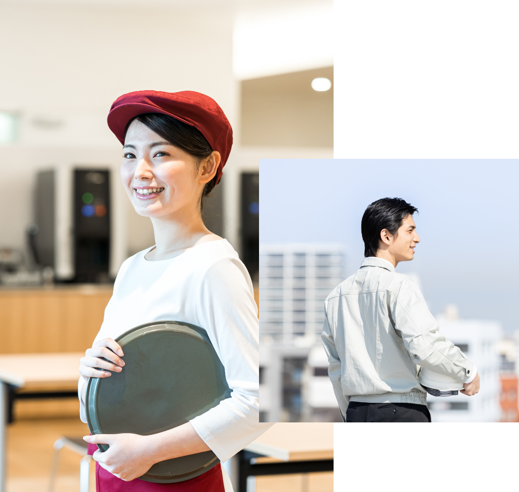 Professional Workwear Sourcing & Supply. Image of a woman in a cafe uniform and a man in workwear holding a helmet.